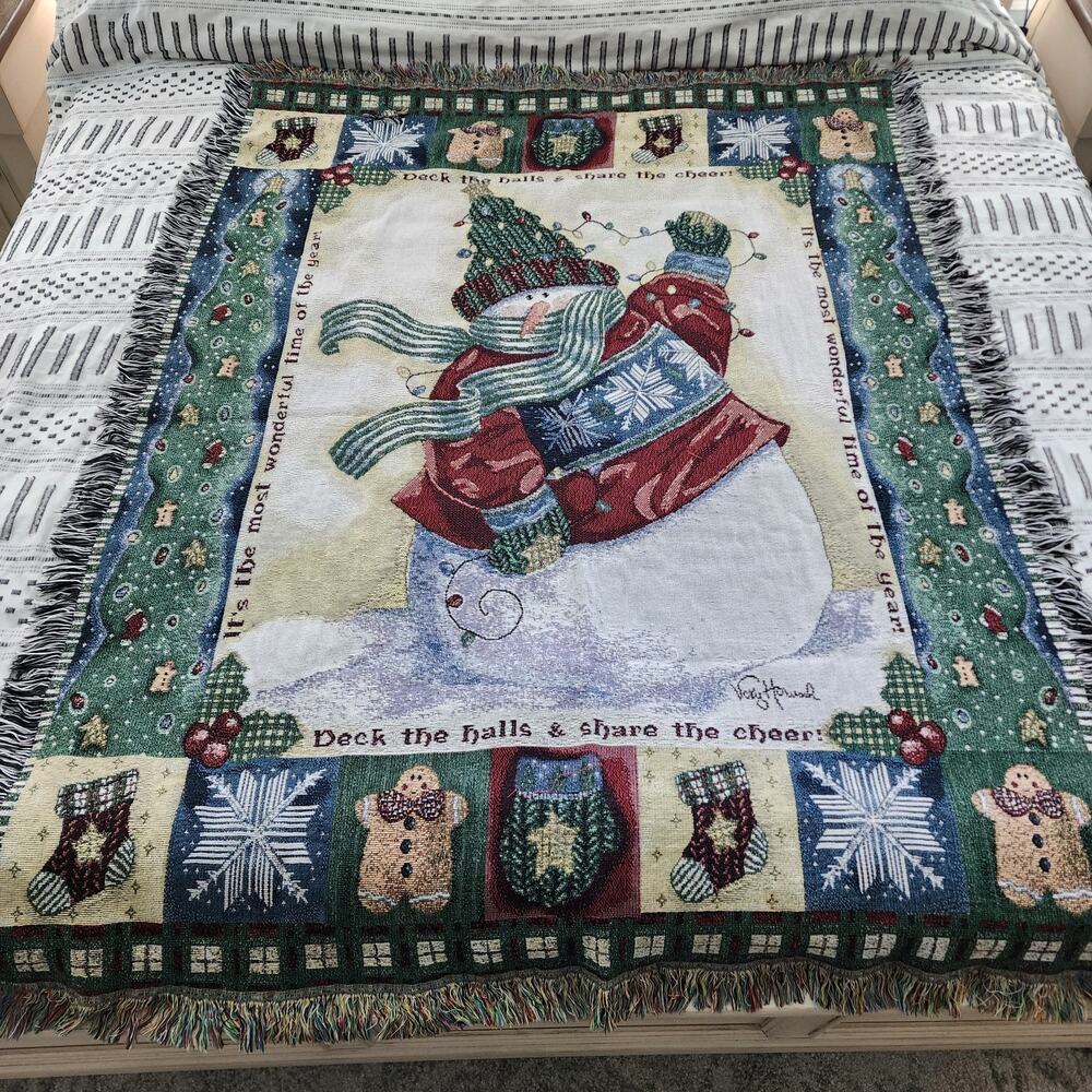 Vtg Deck The Halls Tapestry Throw Blanket Christmas Snowman 50x68 Vicky Howard